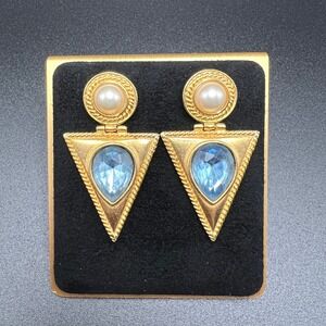 Vintage TAT Rhinestone Earrings Gold Tone Blue Faux Pearl Signed Geometric